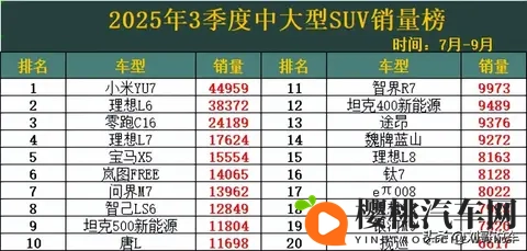 中大型SUV大洗牌！3季度销量榜，理想L6丢冠，宝马X5第5，豹8第23-2