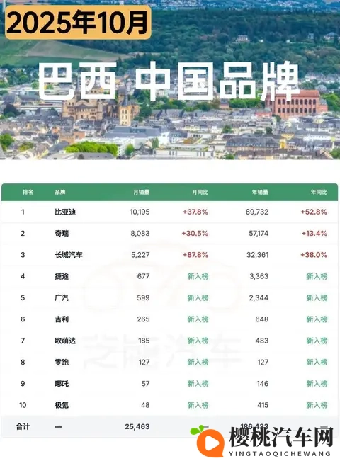 南美车市  巴西25年10月：比亚迪、奇瑞、长城等中国车企卖25万台-3