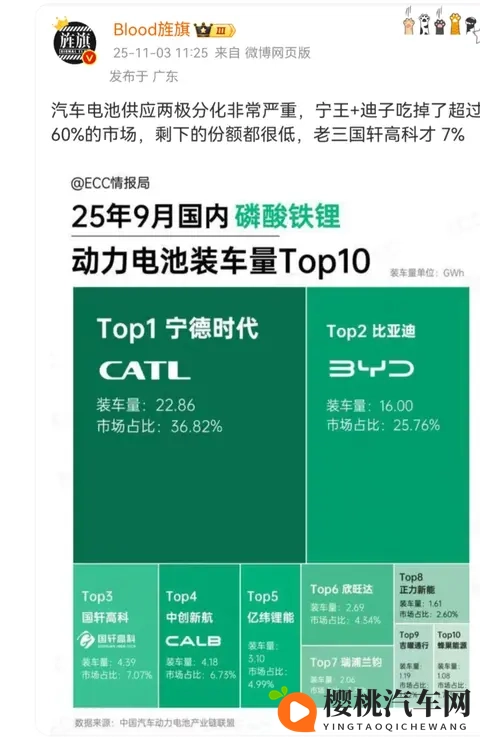 电池界双寡头垄断超 60% 市场:宁德时代 + 比亚迪称霸,国轩高科仅 7%-1