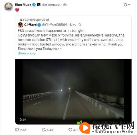 特斯拉Cybertruck车主感谢马斯克：FSD救了我一命！避免与迎面而来时速75英里车辆正面碰撞，只有镜子碎了，窗户碎了-1