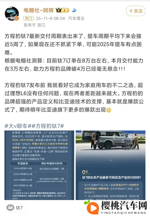 方程豹钛7太火了，订单超8万辆未交付，交付时间最长要等一个多月-2