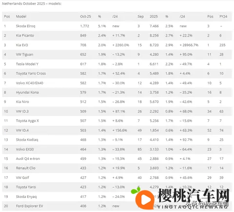十月，荷兰车市销量34,724辆，大众站稳第一，比亚迪逼近前二十！-1