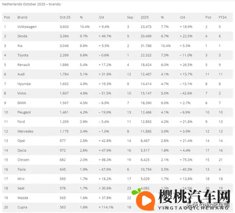 十月，荷兰车市销量34,724辆，大众站稳第一，比亚迪逼近前二十！-3